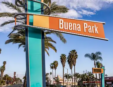 Blue and orange sign reading Buena Park